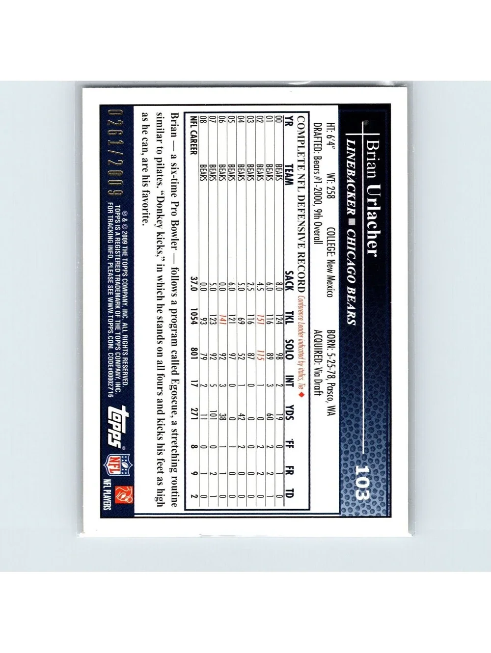 2009 Topps Kickoff Brian Urlacher #103 Silver Holofoil #/2009 Chicago Bears